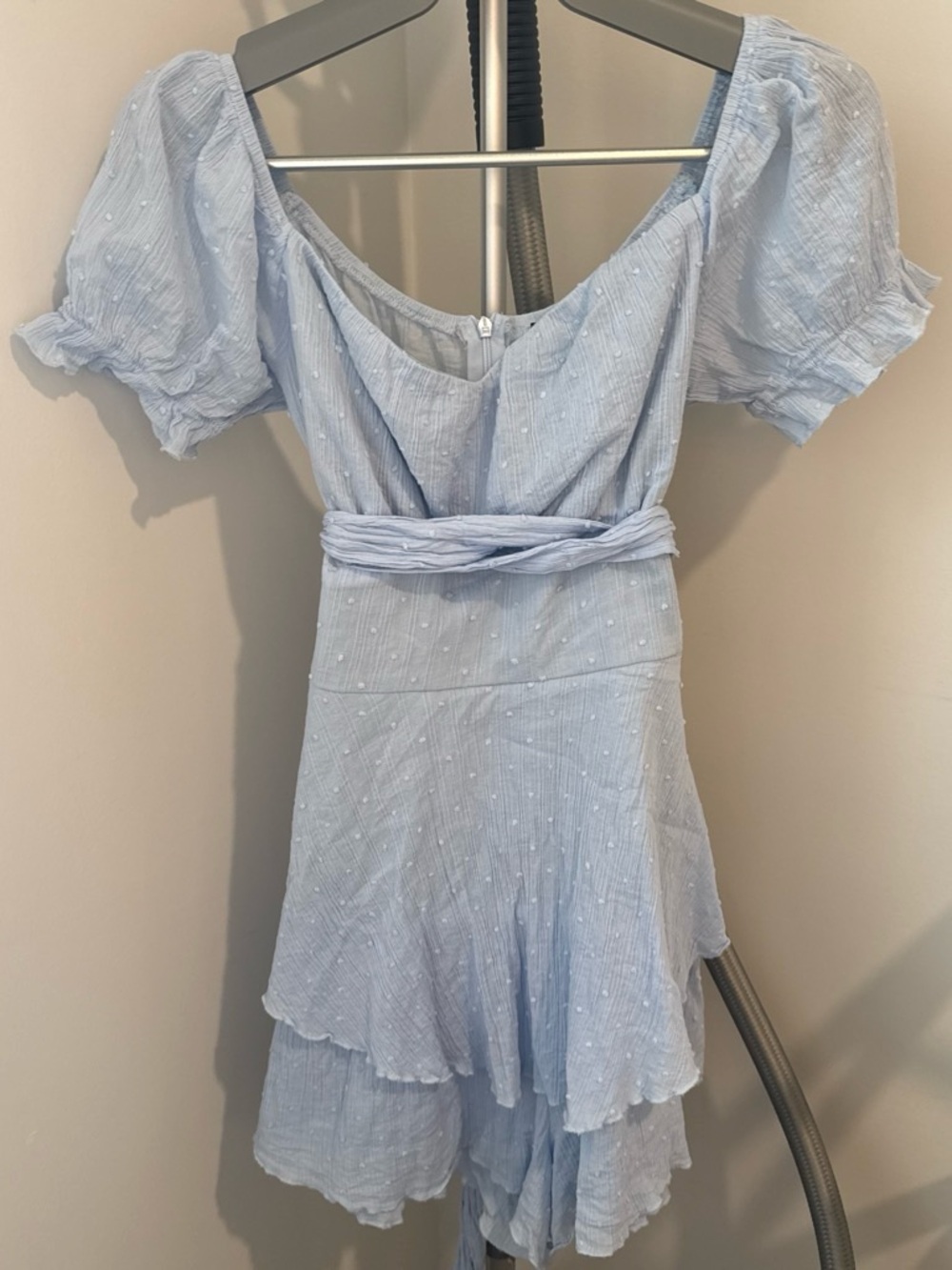 Simple Light Blue Puff-Sleeve Tiered Mini Dress